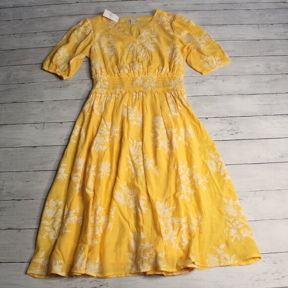 Cato Women's Dress Size XS Yellow Floral Smocked Short Sleeve - Picture 1 of 9